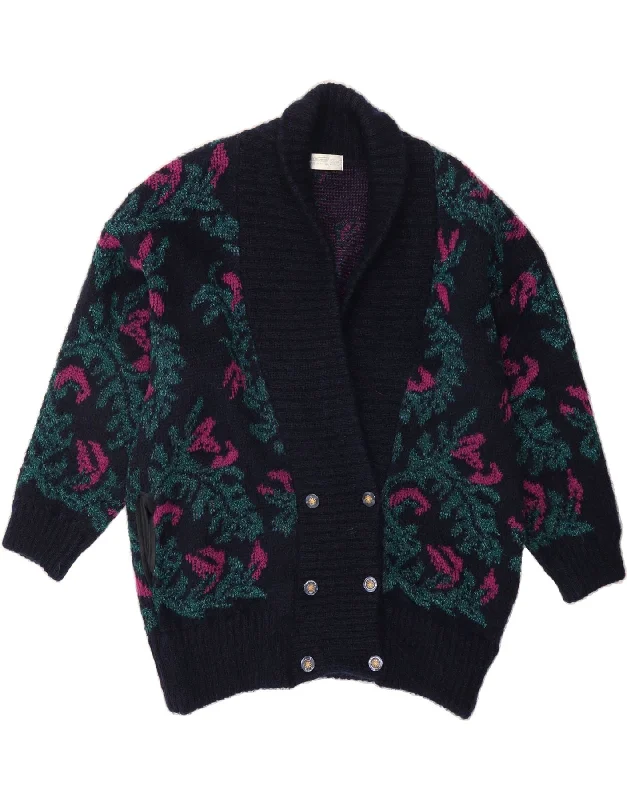 ST. BERNARD Womens Cardigan Sweater UK 14/16 Large Navy Blue Floral Neon metallic Matte