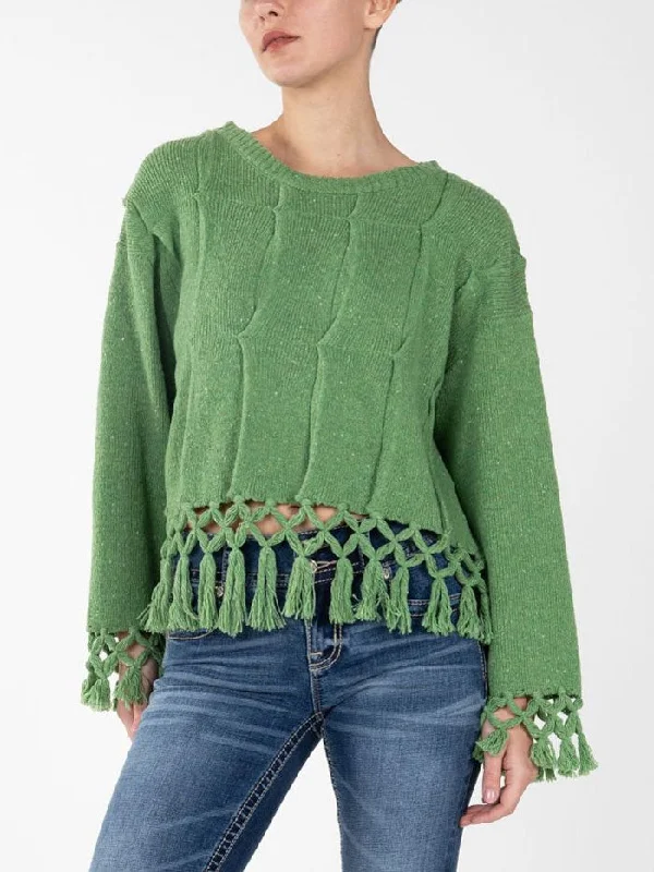 Miss Me MSW0421L Womens Knitted Fringe Sweater Green Beaded Sweater Sequined Faux Fur