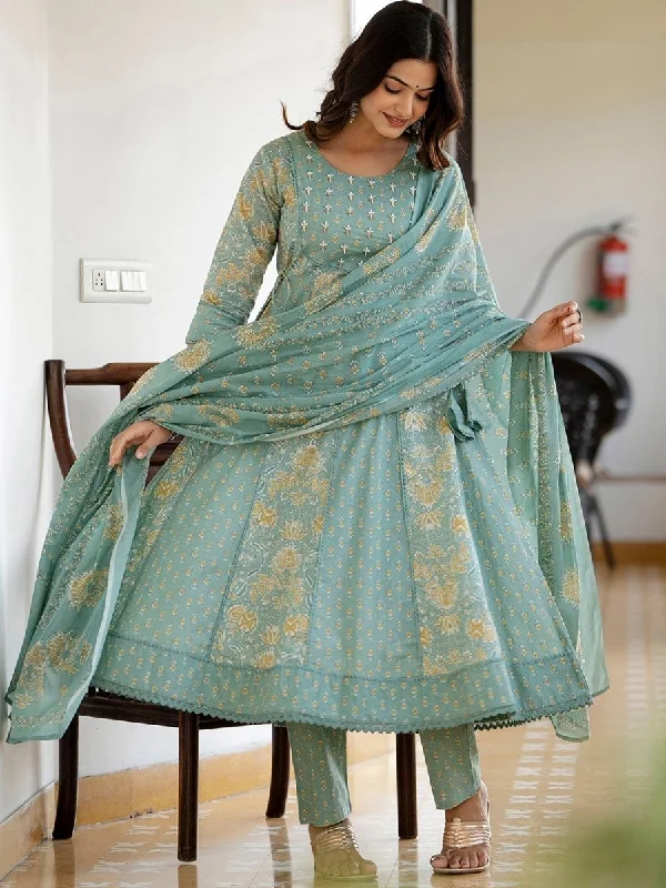 Anouk Green Floral Printed Panelled Pure Cotton Anarkali Kurta With Trousers & Dupatta Trousers Ceremony Elegant Anouk Green Floral Printed Panelled Pure Cotton Anarkali Kurta With Trousers & Dupatta Trousers Ceremony Elegant