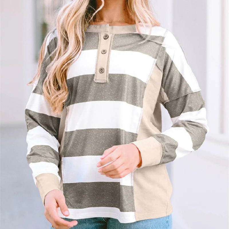 Colored Pullover Loose Casual Striped Printed Long Sleeves Women Set Sleeve Pullover