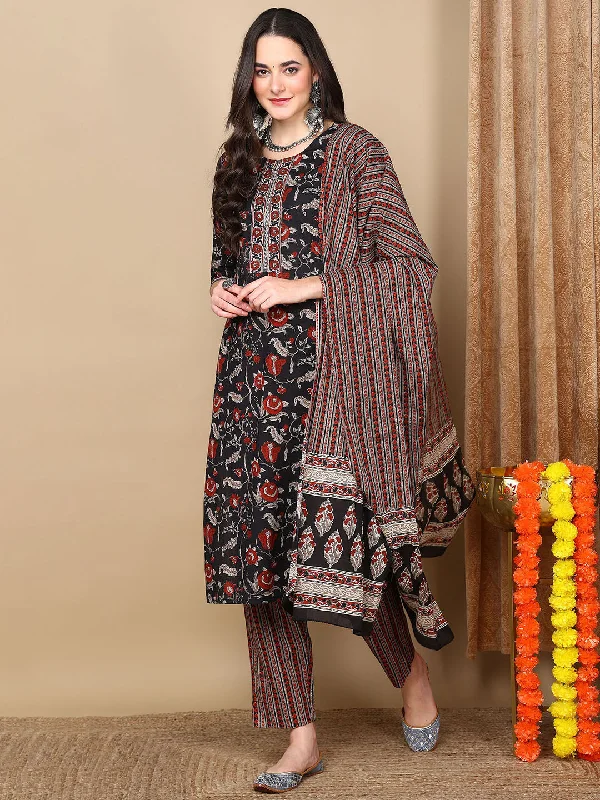 Women's Black Rayon Blend Floral Printed Straight Kurta Trousers With Dupatta - Ahika Trousers practical durable