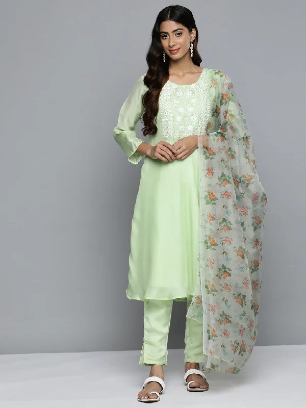 Floral Embroidered Mirror Work Silk Georgette Kurta With Trousers & Dupatta Lime - Rasiya Cropped Trousers Casual Linen