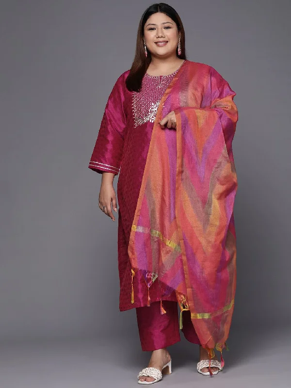 Sztori Plus Size Floral Embroidered Straight Kurta & Trousers With Dupatta Wide Leg Loose Fit Mid Waist
