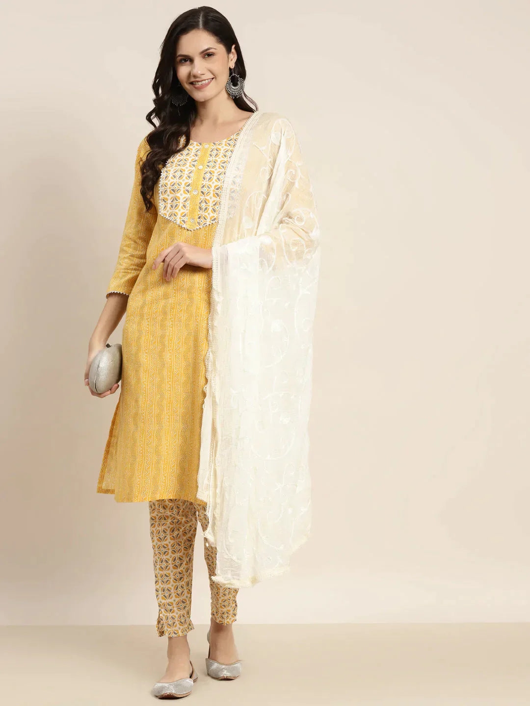 Printed Gotta Patti Kurta With Trousers & Dupatta Yellow - Rasiya Trousers Pleated Formal