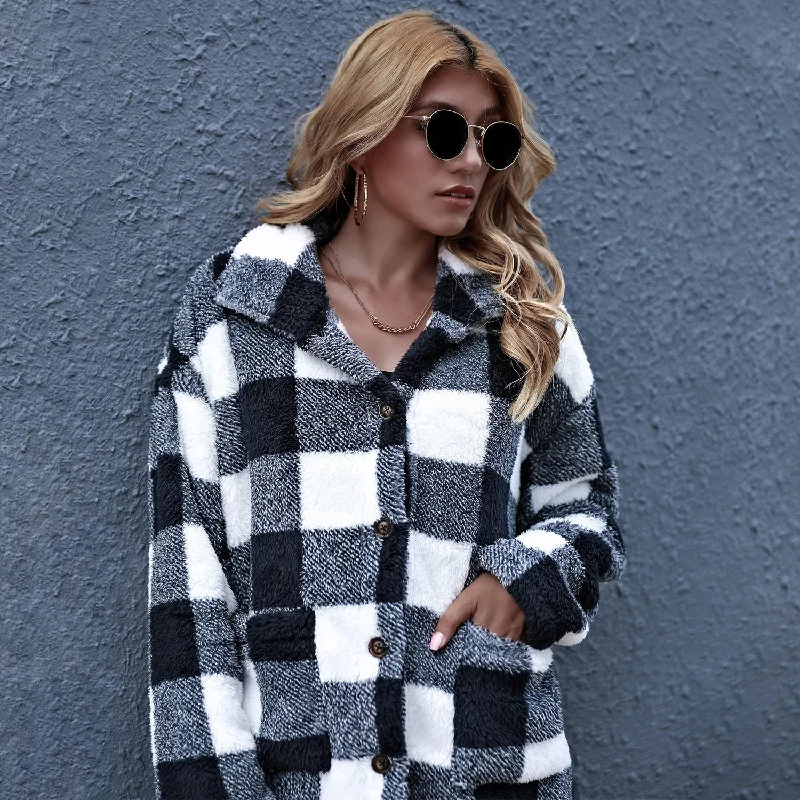 Women's Oversized Check Button Shirt Jacket Hoodie Zip-Up Jacket Button-Up Jacket