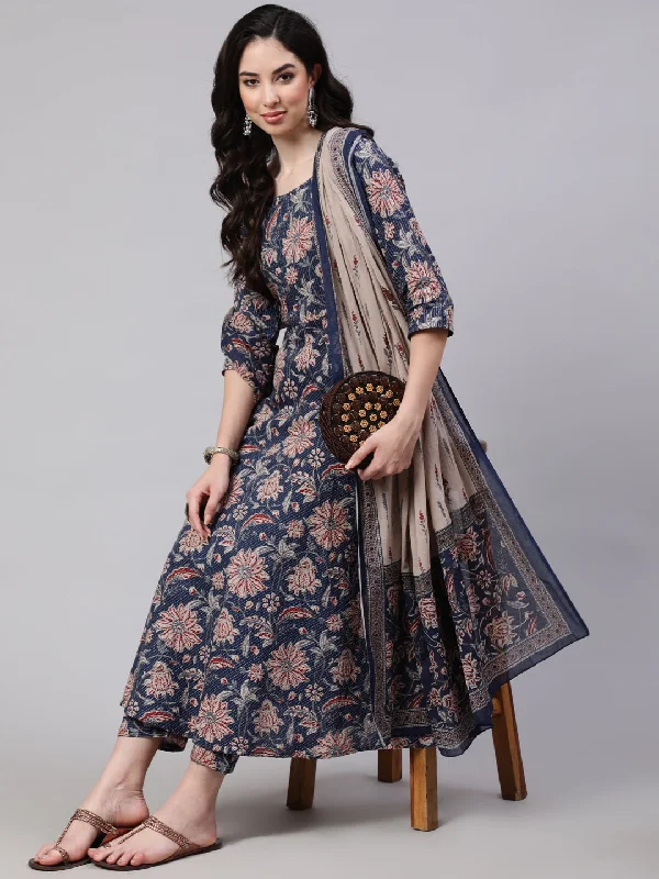 Women's Blue Floral Printed Anarkali Kurta With Trouser And Dupatta - Taantav Trousers Leather Faux