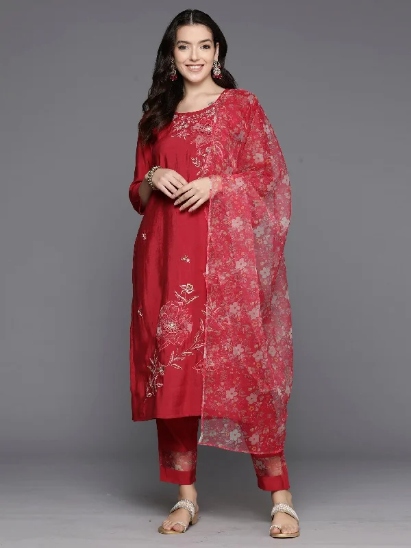 Women's Red Embroidered Straight Kurta Trousers With Dupatta Set - Indo Era Chinos Cotton Straight Leg