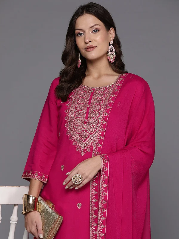 Women's Pink Embroidered Straight Kurta Trousers With Dupatta Set - Indo Era Trousers Low Rise Relaxed