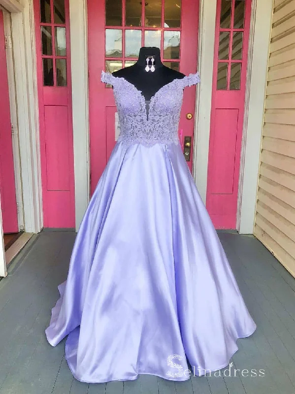 Chic A-line Off The Shoulder Lavender Long Prom Dresses Lace Evening Dress CBD307