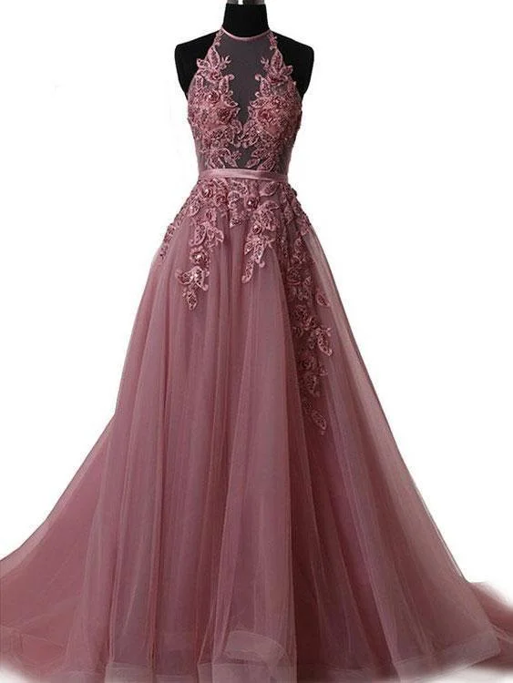A-line Halter Lace Appliqued Formal Evening Gowns See-through Long Prom Dresses, TYP1193 A-line Halter Lace Appliqued Formal Evening Gowns See-through Long Prom Dresses, TYP1193
