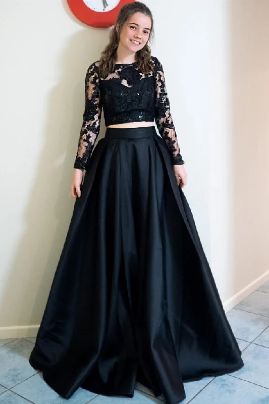 Long Sleeves 2 Pieces Black Lace Long Prom Dress, Long Sleeves Black Lace Formal Dress cg15708 Long Sleeves 2 Pieces Black Lace Long Prom Dress, Long Sleeves Black Lace Formal Dress cg15708