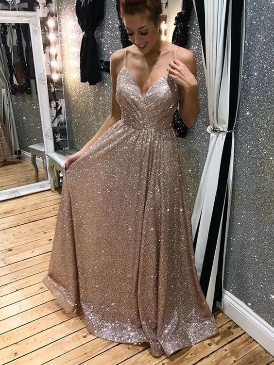 Light Champagne Sparkle Long Prom Dresses,Spaghetti Straps V-Neck Evening Dresses cg15822 Light Champagne Sparkle Long Prom Dresses,Spaghetti Straps V-Neck Evening Dresses cg15822