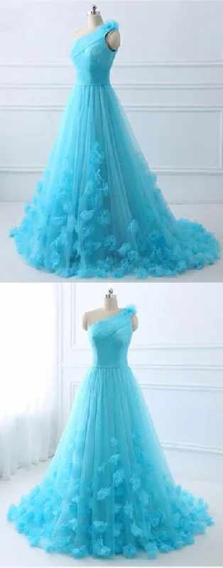Blue tulle one shoulder long A-line customize evening dress, long pageant prom dress cg15957 Blue tulle one shoulder long A-line customize evening dress, long pageant prom dress cg15957