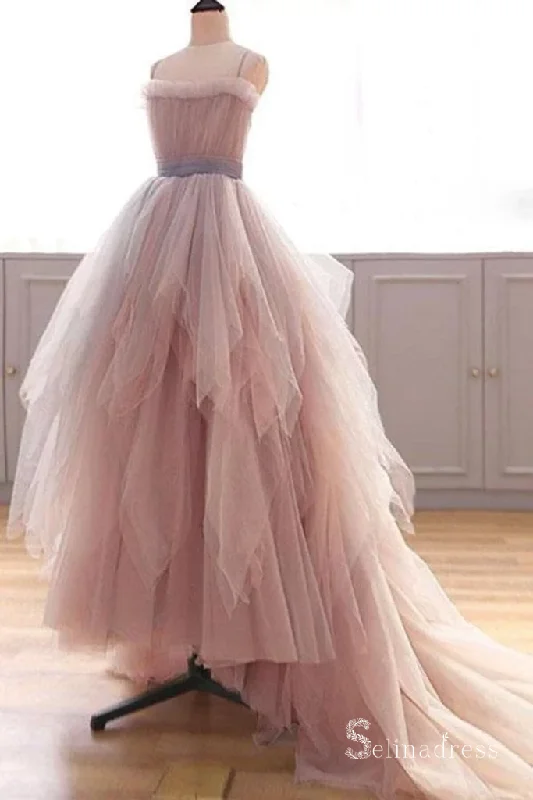 A-line Spaghetti Straps Asymmetrical Long Prom Dresses Pink Evening Dress CBD528