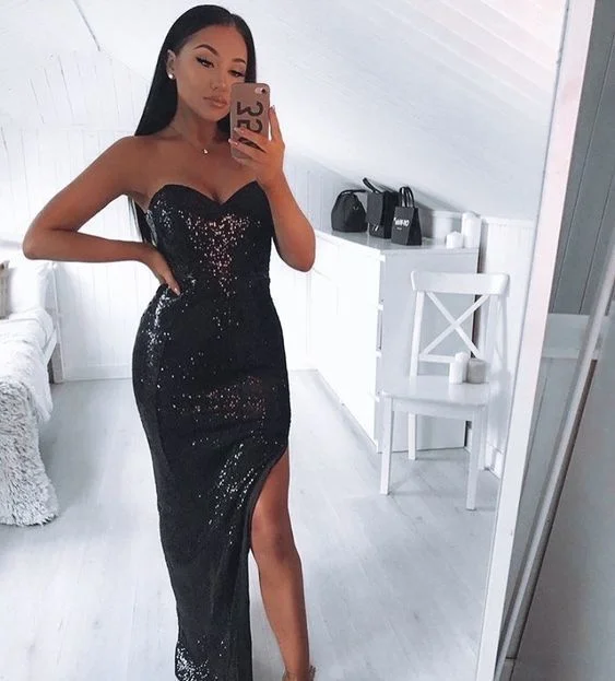 Sweetheart Black Sequins Long Prom Dress Split Front   cg15761