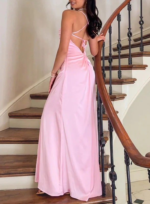 Spaghetti Straps Pink Satin Backless A Line Prom Dress Long Party Evening Dress cc1847 Spaghetti Straps Pink Satin Backless A Line Prom Dress Long Party Evening Dress cc1847