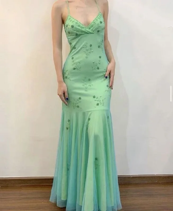 Classy Mermaid Beaded Spaghetti Straps Mint Green Long Prom Dress Evening Dress cc1833