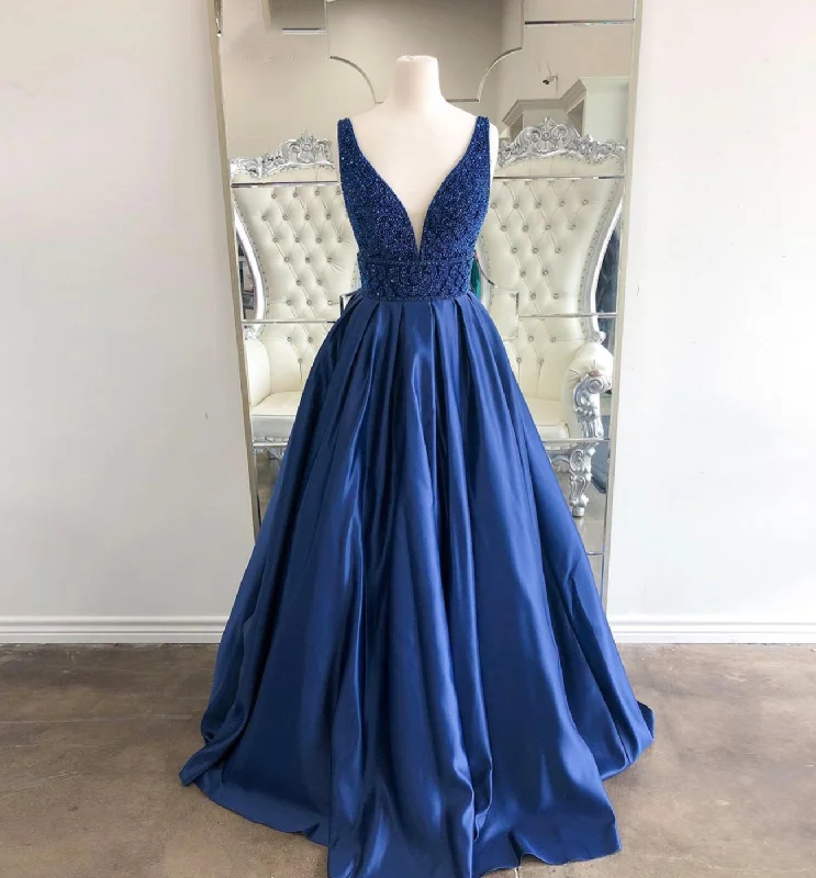 BLUE SATIN LONG PROM DRESS WITH BEADS EVENING DRESS   cg15887