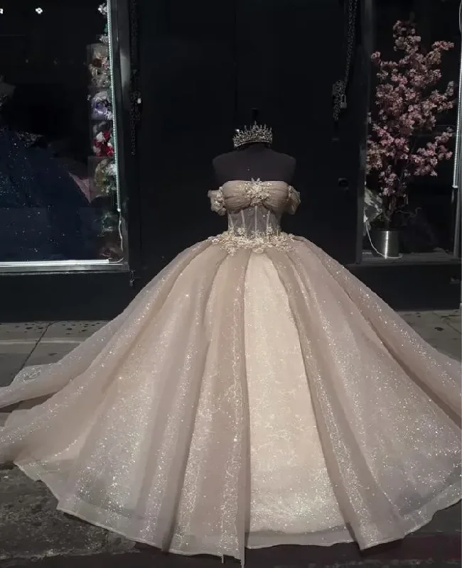 Champagne Sparkly Princess Quinceanera Dresses Off Shoulder Gillter Corset vestidos de 15 años quinceañeras Sweet 16 prom Champagne Sparkly Princess Quinceanera Dresses Off Shoulder Gillter Corset vestidos de 15 años quinceañeras Sweet 16 prom