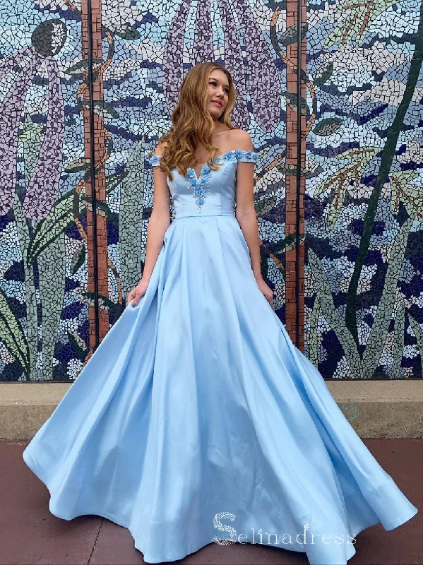 Chic A-line Off-the-shoulder Sky Blue Long Prom Dresses Satin Evening Dress CBD285