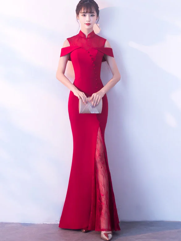 Burgundy Cold Shoulder Fishtail Qipao Cheongsam Wedding Dress