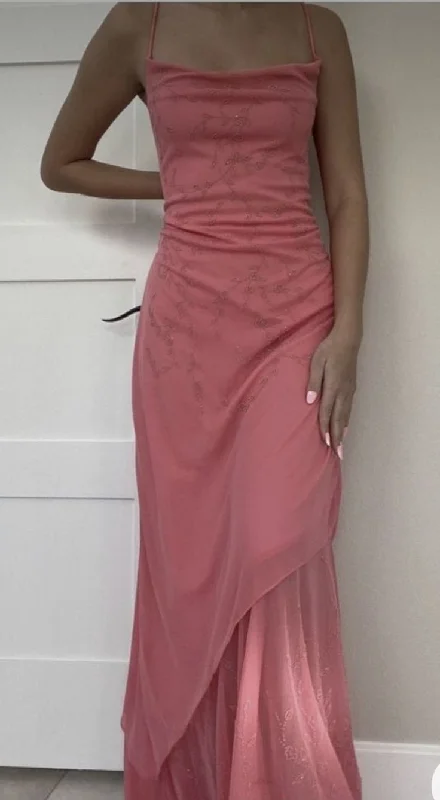 Classy Spaghetti Straps Pink Sheath Long Chiffon Prom Dress Party Evening Gown cc1796 Classy Spaghetti Straps Pink Sheath Long Chiffon Prom Dress Party Evening Gown cc1796