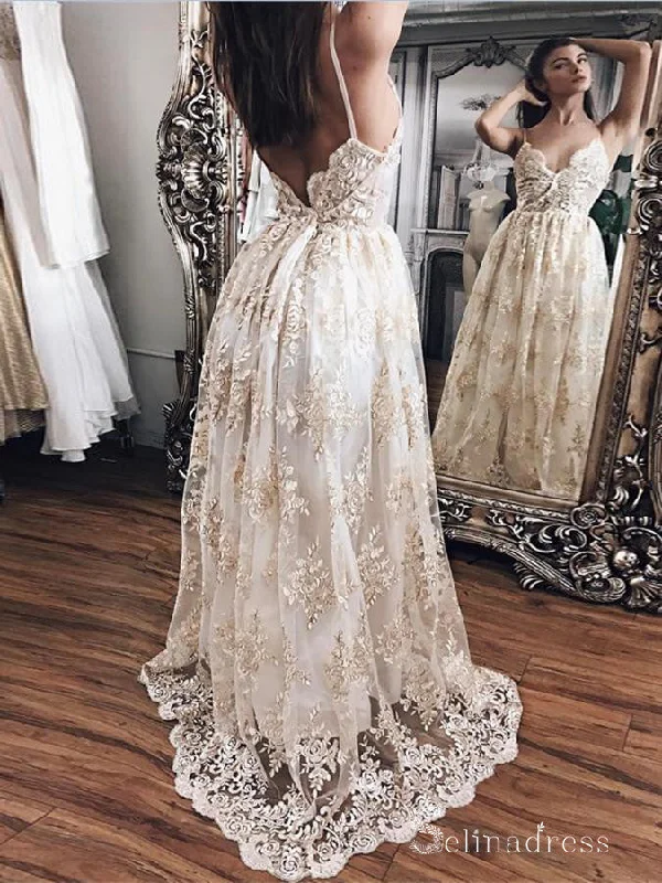 A-line Spaghetti Straps Backless Long Prom Dresses Applique Lace Evening Gowns CBD466 A-line Spaghetti Straps Backless Long Prom Dresses Applique Lace Evening Gowns CBD466