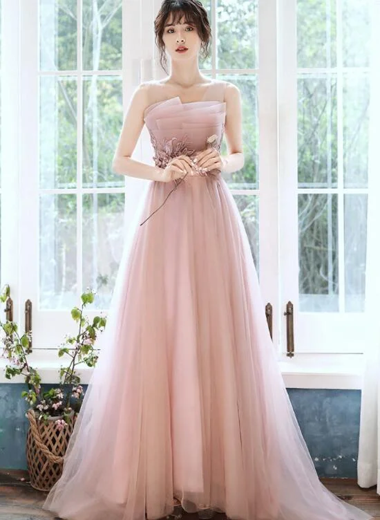 prom dress Beautiful Pink Tulle Straps Party Dress With Flower Lace Applique cg15746 prom dress Beautiful Pink Tulle Straps Party Dress With Flower Lace Applique cg15746