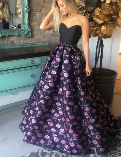 Modest Sweetheart Sweep Train Floral Satin Prom Dress   cg15711
