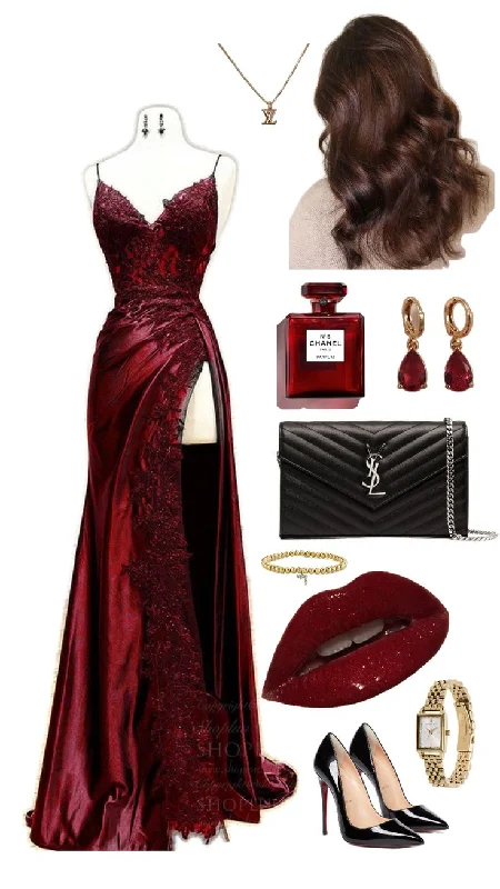 Elegant Burgundy Satin Appliques Evening Dress Slit Prom Party Dress cc1795