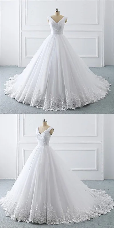 Unique White Lace V Neck Puffy Sweep Train Wedding Dress, Lace Formal Prom Dress cg15912 Unique White Lace V Neck Puffy Sweep Train Wedding Dress, Lace Formal Prom Dress cg15912