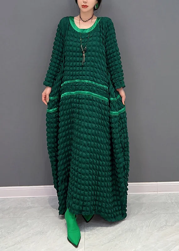 Organic Green O Neck Wrinkled Patchwork Cotton Long Dress Fall