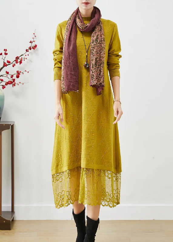 Simple Yellow Stand Collar Lace Patchwork Knit Long Dress Fall