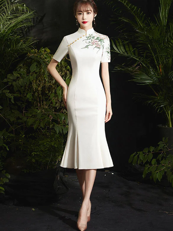 Embroidered Fishtail Tea-Length Qi Pao Cheongsam Prom Dress