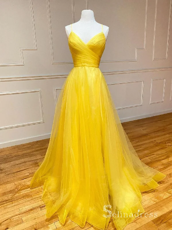 Chic A-line Spaghetti Straps Tulle Long Prom Dresses Cheap Evening Dress CBD375