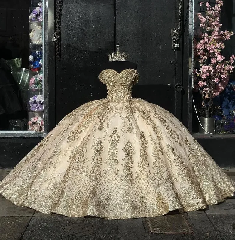 Champagne Sparkly Princess Quinceanera Dresses Off Shoulder Applique Beaded Mexican Queen vestido 15 años Prom Lace Up Champagne Sparkly Princess Quinceanera Dresses Off Shoulder Applique Beaded Mexican Queen vestido 15 años Prom Lace Up