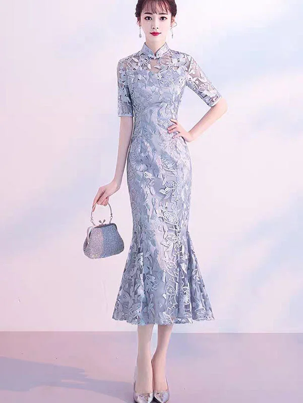 Gray Burgundy Floral Lace Fishtail Mid Cheongsam Qi Pao Dress