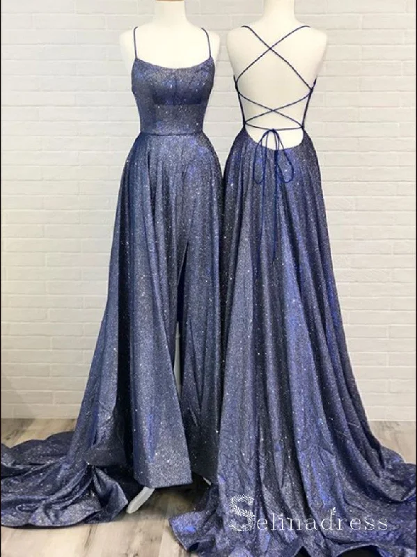 Chic A-line Spaghetti Straps Dark Navy Long Prom Dresses Sparkly Evening Dress CBD282 Chic A-line Spaghetti Straps Dark Navy Long Prom Dresses Sparkly Evening Dress CBD282