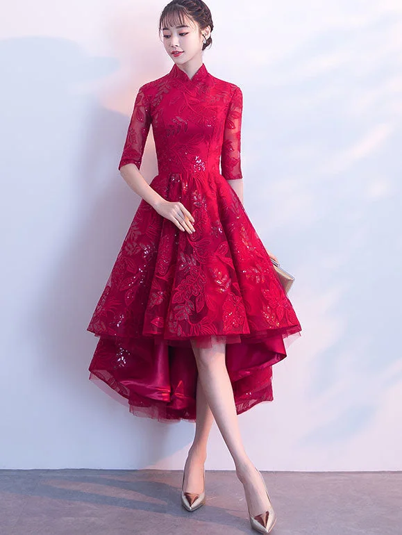 Sequined Wine Red Qipao / Cheongsam Evening Dress with Dipped Hem