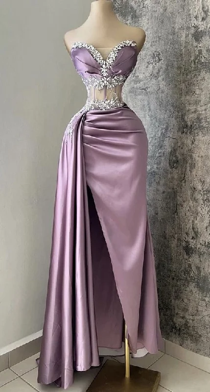Popular Sweetheart Lilac Beaded Satin Long Prom Dress,Sexy Slit Party Evening Dress cc1775 Popular Sweetheart Lilac Beaded Satin Long Prom Dress,Sexy Slit Party Evening Dress cc1775