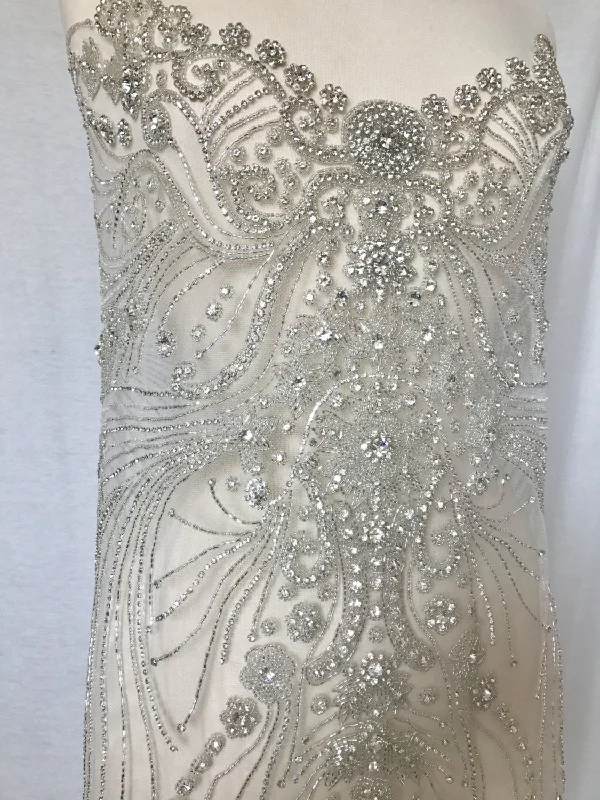 Rhinestone Beaded Applique, Large Crystal Wedding Applique, Rhinestone Tulle, Wedding Applique, Dress Applique