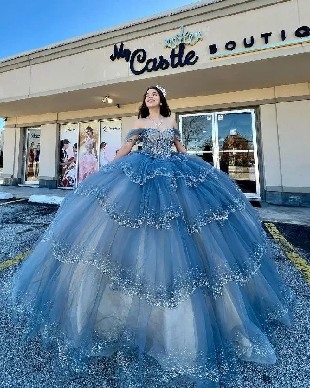 Grey Blue Sparkly Princess Quinceanera Dresses Off Shoulder Luxury Crystal Tiered Skirt vestido xv años Sweet 15 Prom Grey Blue Sparkly Princess Quinceanera Dresses Off Shoulder Luxury Crystal Tiered Skirt vestido xv años Sweet 15 Prom