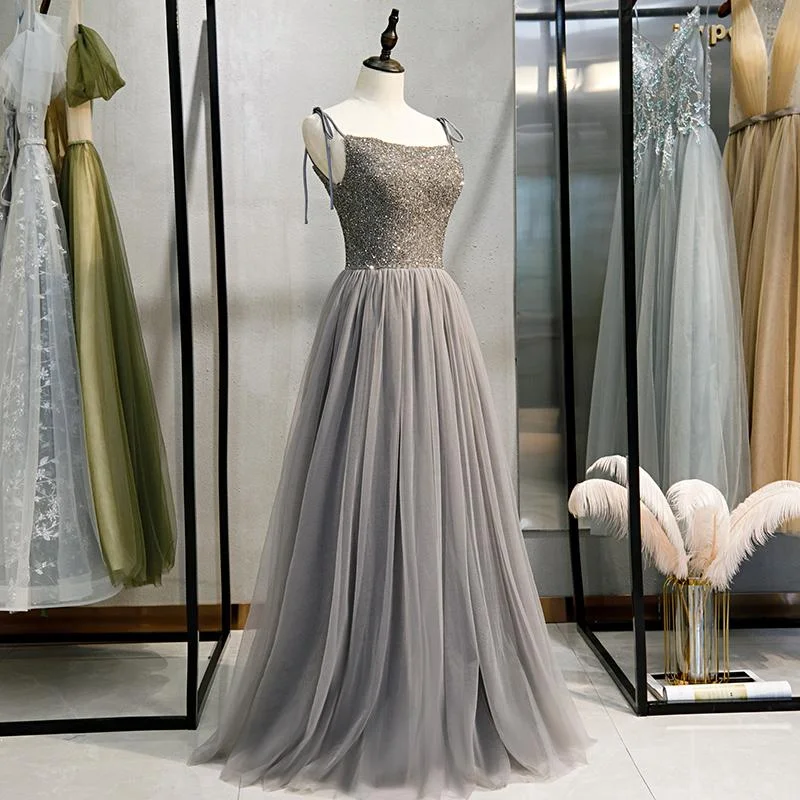 Grey Tulle Beaded Straps A-Line Long Formal Dress, New Prom Dress Party Dress cg15939 Grey Tulle Beaded Straps A-Line Long Formal Dress, New Prom Dress Party Dress cg15939