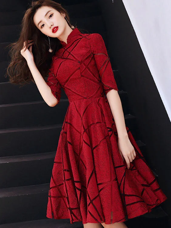Wine Red Striped A-Line Midi Wedding Qipao / Cheongsam Dress