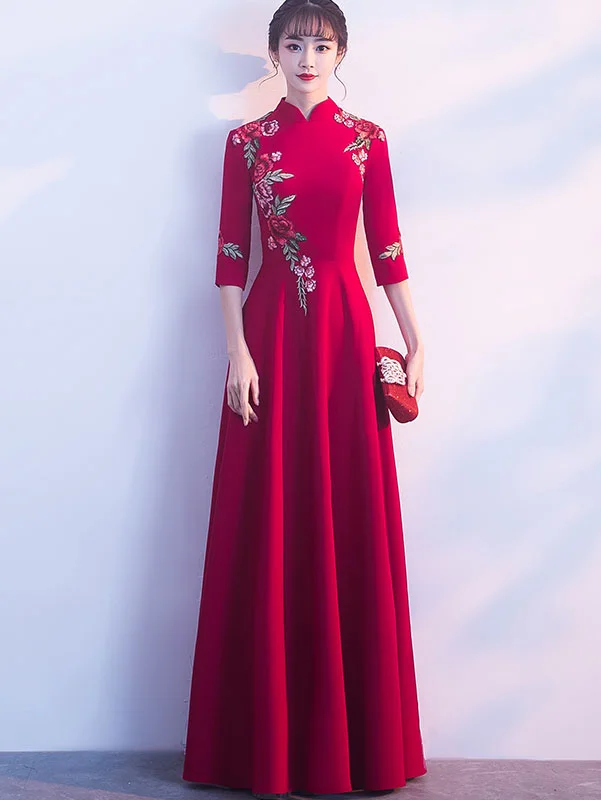 Wine Red Floor-Length Embroidered Qipao / Cheongsam Dress