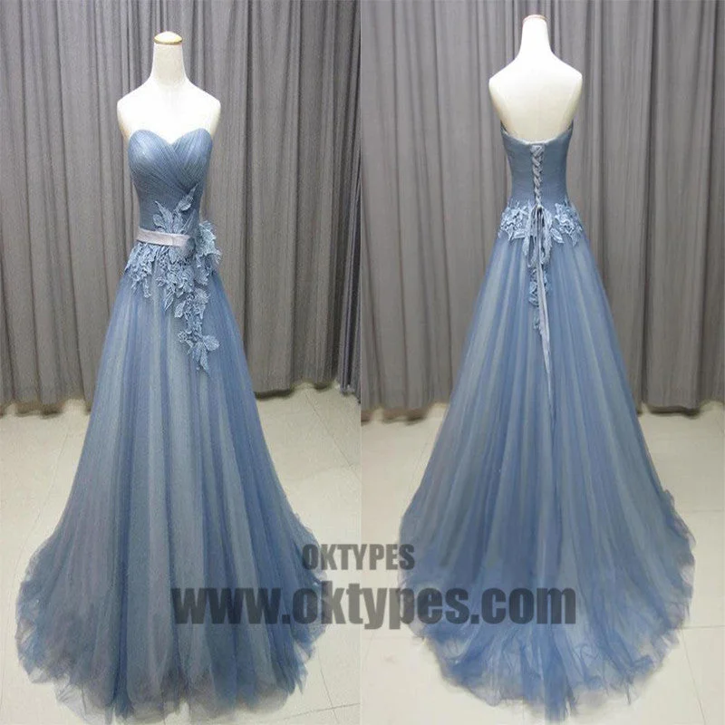 Sweetheart Neck Gray Blue Tulle Long Senior Prom Dress, Long Evening Dress With Lace Appliques, TYP0453