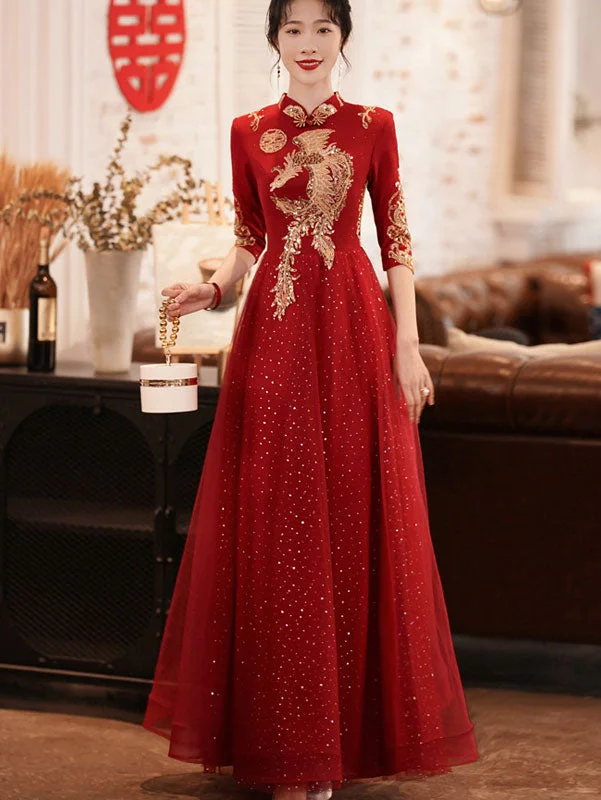 Burgundy A-Line Phoenix Wedding Qi Pao Cheongsam Dress