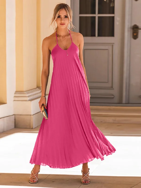Pleated Halter Neck Sleeveless Dress- Hot Pink WH