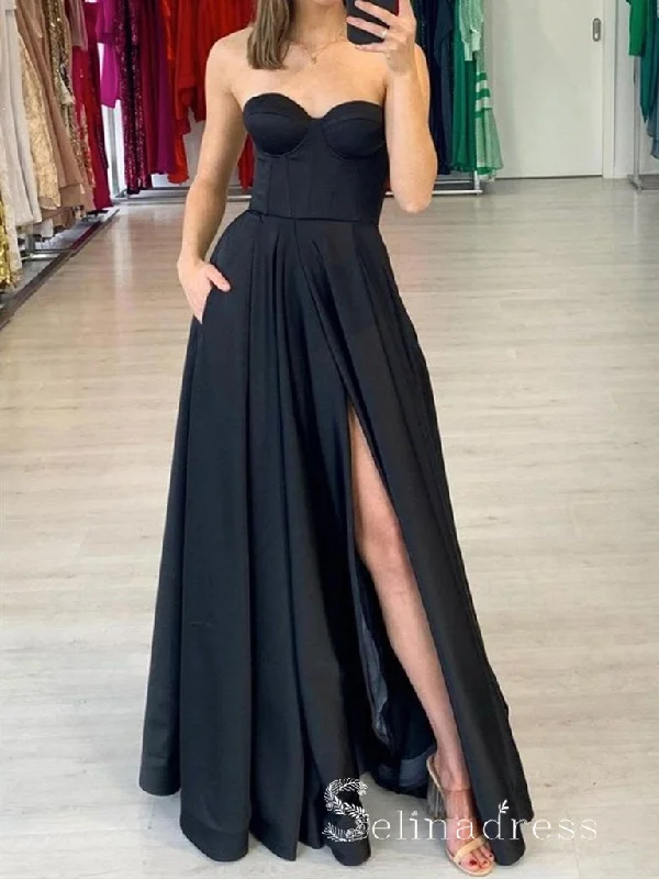 Chic A-line Sweetheart Black Long Prom Dresses Cheap Evening Dress CBD219