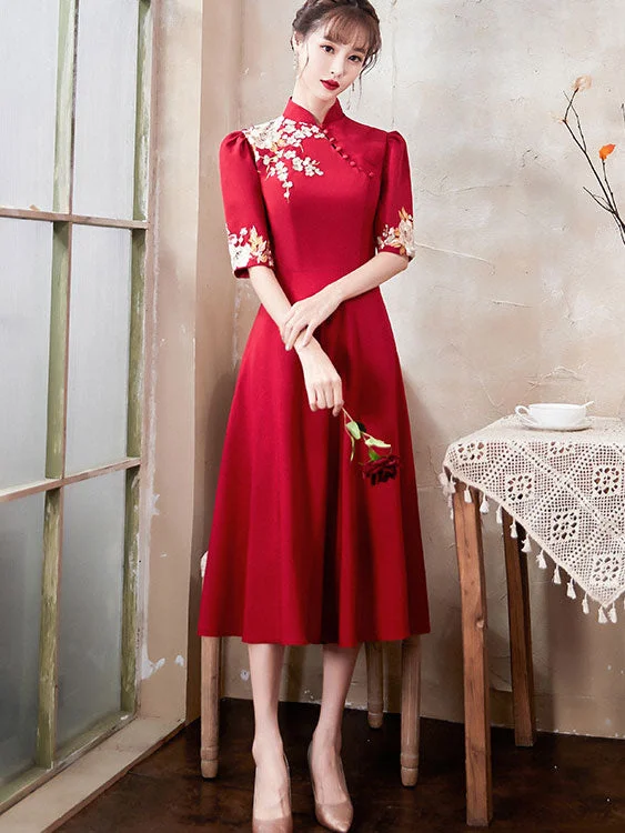 Embroidered Floral A-Line Tea Wedding Cheongsam Qi Pao Dress